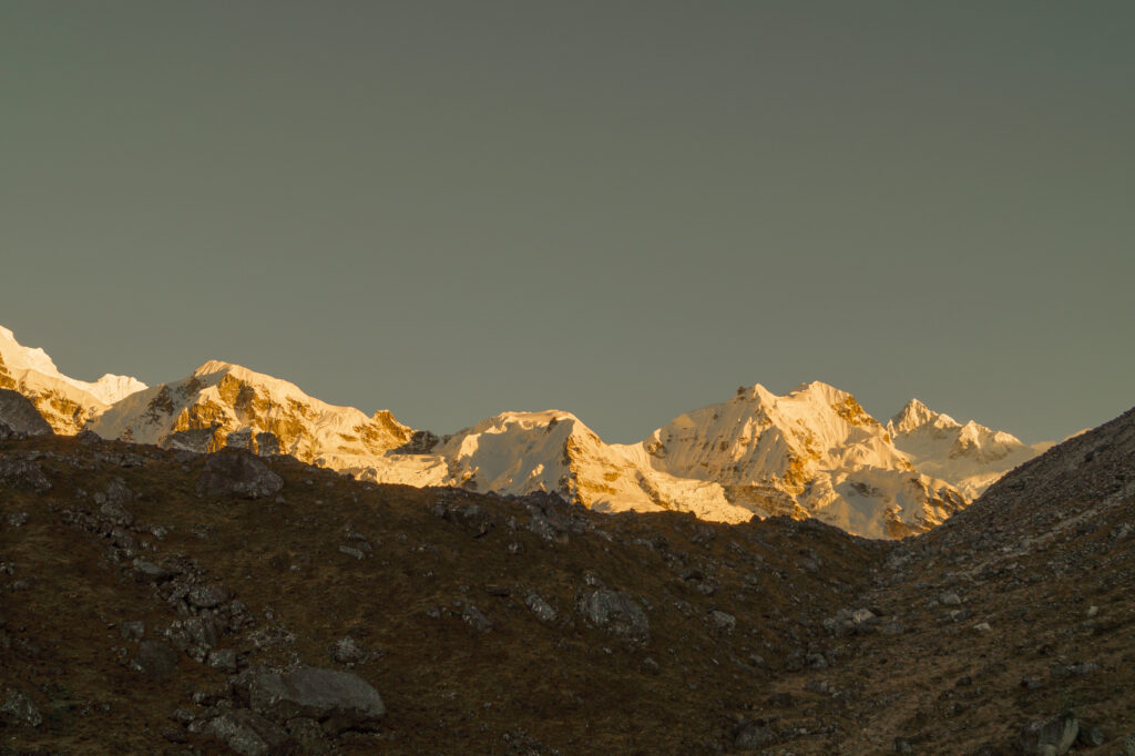 Mt. Kanchenjunga, glistening to the first rays of the Sun, View Point 1, Goechala trek, Sikkim, India-Himalayas